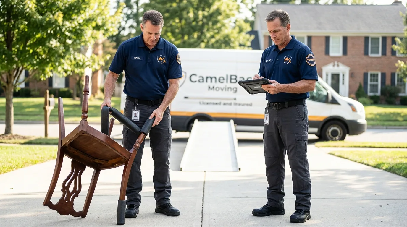 Movers inspecting furniture for damage prevention before loading in Sanborn, NY