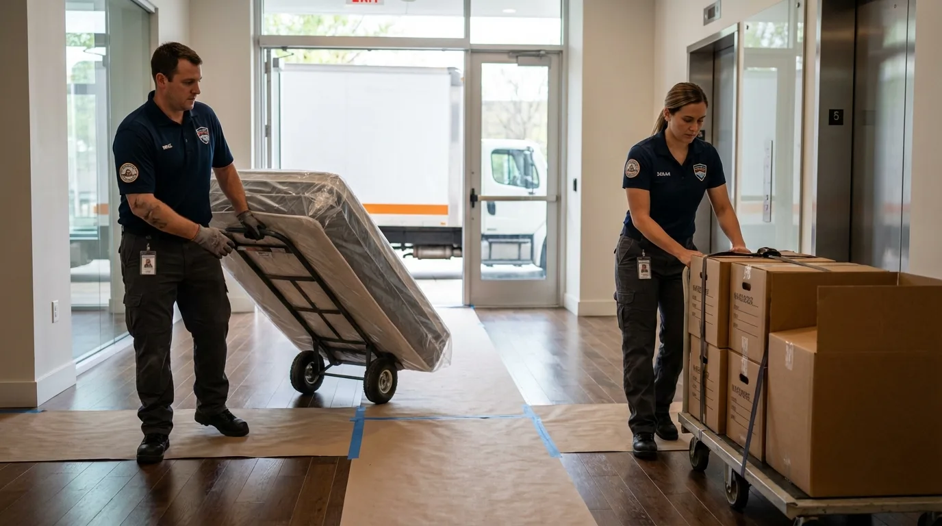 Professional apartment movers loading elevator in Sanborn, NY